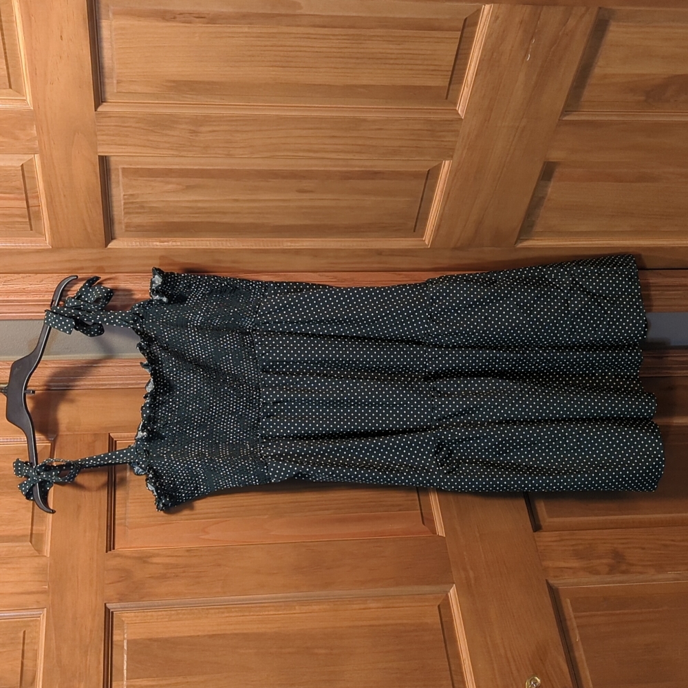 1X or XL Dark Green and White Polka Dot Shoulder Tie Sun Dress